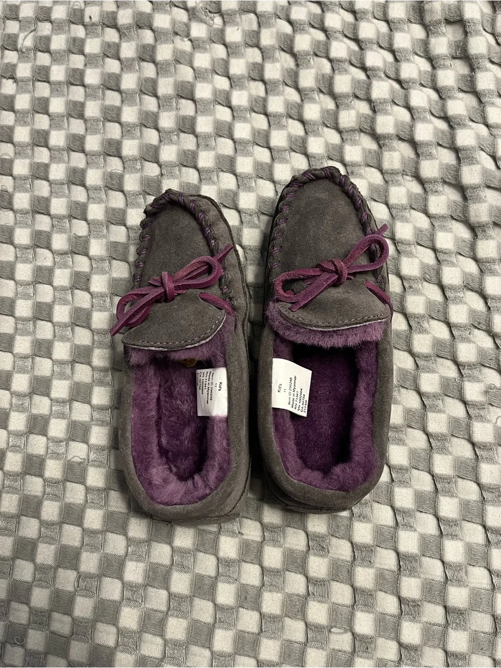 L.L. Bean Gray Suede Kids Moccasins with Purple Lining